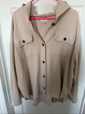 Time and Tru Ribbed Beige Hooded Shirt Jacket
